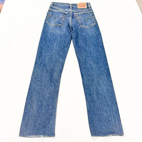 Levi's Wedgie Straight Dark Wash Button Fly Denim Jeans Raw Hem Size 24 - Picture 3 of 9
